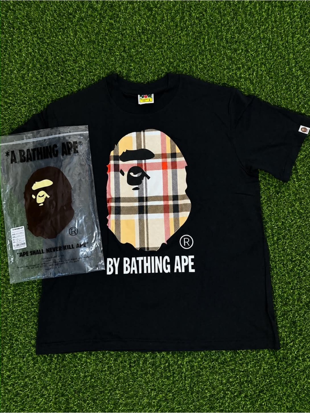 A Bathing Ape Plaid Ape Head Short Sleeve Tee - Black